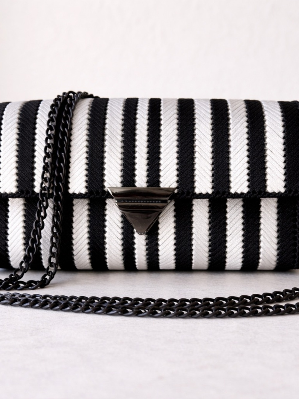 Handmade Black & White Striped Woven Clutch Bag with Chain